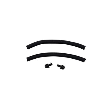 Two black rubber tubes and two small black plastic end caps from Julbo USA's Micropore Parts for Temple Arms or sunglasses are shown on a white background.