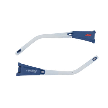 Two blue and white plastic temple arms from Julbo USA's Explorer 2.0 Lenses & Parts are shown on a white background, with one arm facing up and the other facing down.