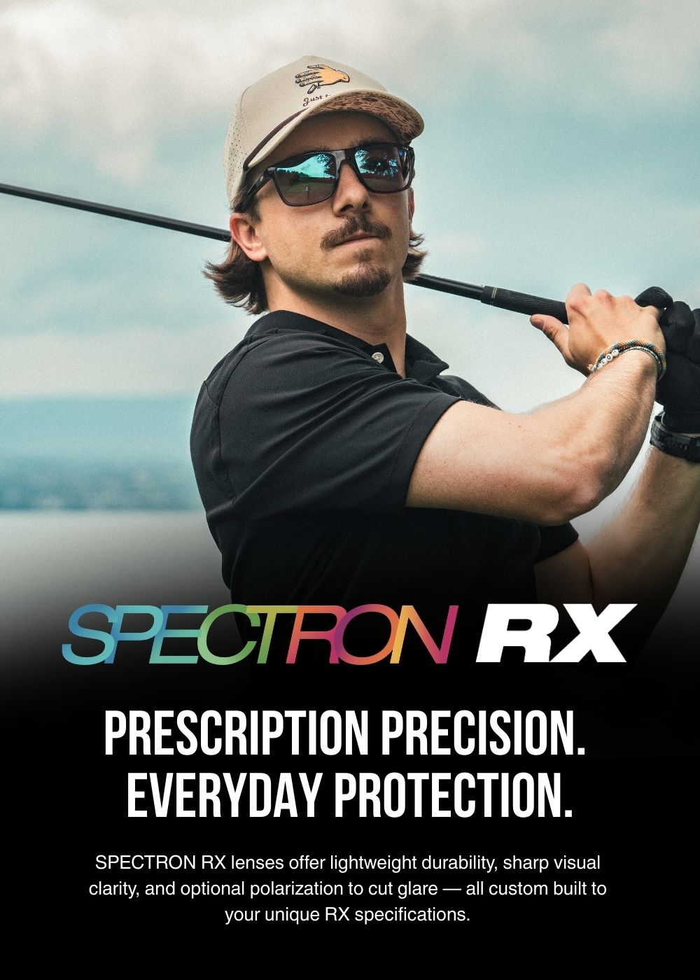 A man wearing sunglasses and a cap plays golf; text promotes SPECTRON RX prescription lenses for visual clarity and protection.