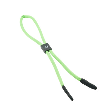 A neon green elastic loop with a black central connector and black foam tips, shown on a plain white background. #color_floating-sunglass-strap-green
