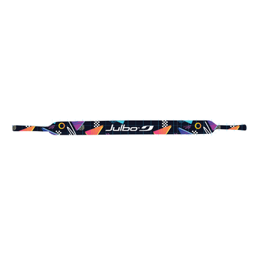 The Julbo Eyewear Neoprene Sunglass Strap is black with a colorful geometric pattern and a central white Julbo logo, providing a universal fit for all waterproof sunglasses. #color_julbo-neoprene-sunglass-strap-1980's