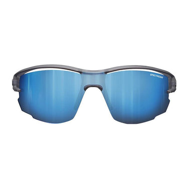 Front view of Julbo Eyewear Aero Sunglasses Parts, showcasing blue mirrored lenses, a semi-rimless black frame with Temple Arms, and "SPECTRON3" on the top right corner of the right lens. #color_aero-spectron-3-lens-smoke-multilayer-blue