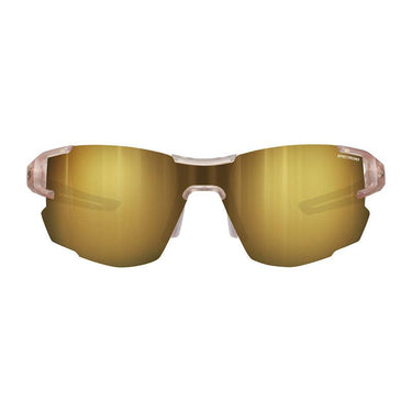 Front view of Julbo Eyewear Aerolite Sunglasses Parts featuring gold mirrored wraparound lenses, semi-rimless translucent frames, and sleek temple arms designed for enhanced comfort. #color_aerolite-spectron-3-lens-brown-multilayer-orange-color