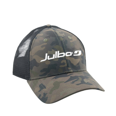 A camouflage trucker hat with black mesh back panels and a white 'Julbo' logo printed on the front, shown against a plain white background. #color_basecamp-trucker-hat-camo