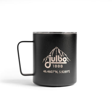 Black Metal Coffee mug with the julbo logo and coordinates of the Julbo HQ in France #color_julbo-camper-mug-12oz-black-mont-blanc