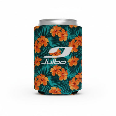 The Julbo Eyewear Can Coolers feature an orange hibiscus and green leaf design with a white Julbo logo, perfect for keeping your summer drinks chilled. Displayed on a plain white background. #color_julbo-can-cooler-hawaiian