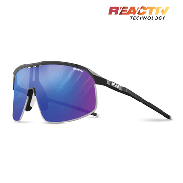 The Julbo-usa Density sport sunglasses feature black and blue frames with mirrored, large cylindrical lenses and REACTIV Technology logo in the top right. They’re ideal performance eyewear for active lifestyles. #color_black-black-with-reactiv-1-3-high-contrast-lens
