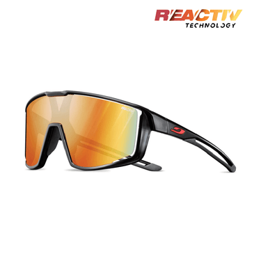 Julbo USA Fury black cycling sunglasses feature orange-mirrored photochromic lenses with Reactiv Technology branding in the top right corner. Helmet compatible, perfect for your active lifestyle. #color_translucent-black-black-with-reactiv-1-3-light-amplifier-lens