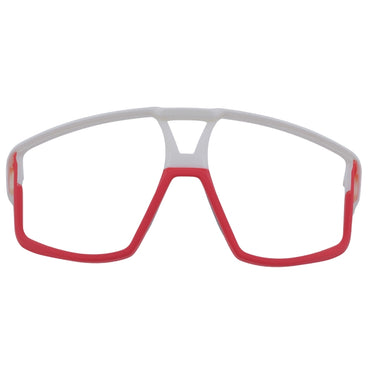 A pair of Julbo USA Fury Lenses & Parts sport-style sunglasses featuring a white upper edge and red lower edge, displayed on a white background—perfect for anyone wanting stylish frames or handy replacement parts.