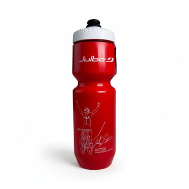 The Julbo Purist Water Bottle by Julbo Eyewear features Purist technology, a white cyclist graphic, USA text, silver medal signature, and a Moflo 2.0 cap for easy on-the-go drinking. #color_haley-batten-olympian-26oz-red