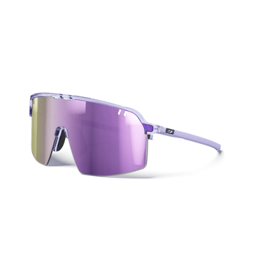 The Julbo Eyewear Intensity sunglasses feature a purple wraparound frame, single mirrored lens, and slim arms—ideal for trail running. Shown on a white background. #color_purple-with-spectron-3-lens