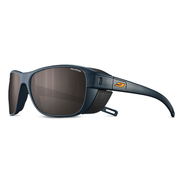 The Julbo-usa Camino sunglasses are dark blue, polarized, with side shields and an orange arm logo—ideal for trekking and shown on a white background. #color_matte-dark-blue-black-with-spectron-3-polarized-lens