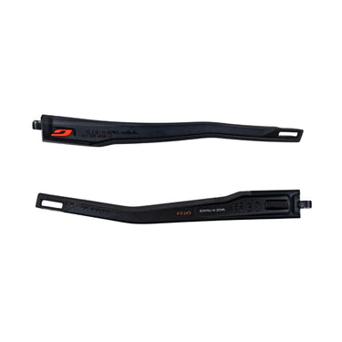 Two black plastic temple arms with orange accents from Julbo USA's Shield Lenses & Parts, suitable as replacement accessories for eyewear, shown on a white background.