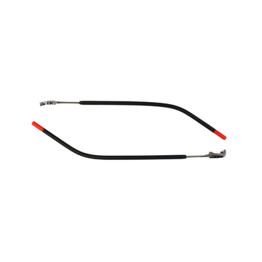 Two black, curved metal rods with red tips and hinge attachments from Julbo Eyewear—Legacy Parts—are laid parallel on a white background, perfect as replacement parts for your Legacy sunglasses. #color_legacy-temples-pair-black-red-brown