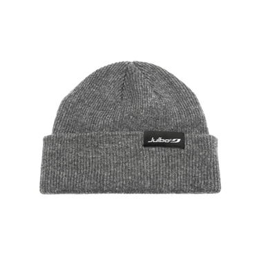 The Julbo Beanies by Julbo Eyewear feature a gray ribbed acrylic knit, a folded brim for comfort, and a black Julbo logo patch on the front. #color_julbo-beanie-grey-heather