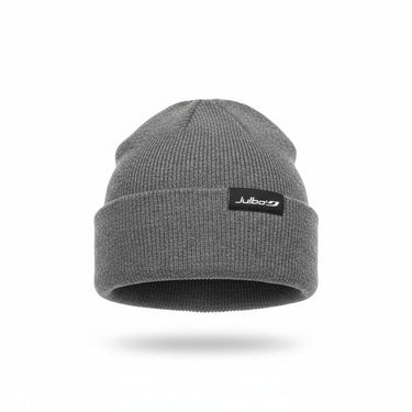 The Julbo Beanies by Julbo Eyewear feature a gray ribbed acrylic knit, a folded brim for comfort, and a black Julbo logo patch on the front. #color_julbo-beanie-grey-heather