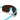 Close-up of sports sunglasses with a single dark lens, blue frame, and adjustable nose pads.