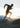 A man in athletic wear runs uphill on a rocky trail with snow-covered mountains and a bright sky in the background.