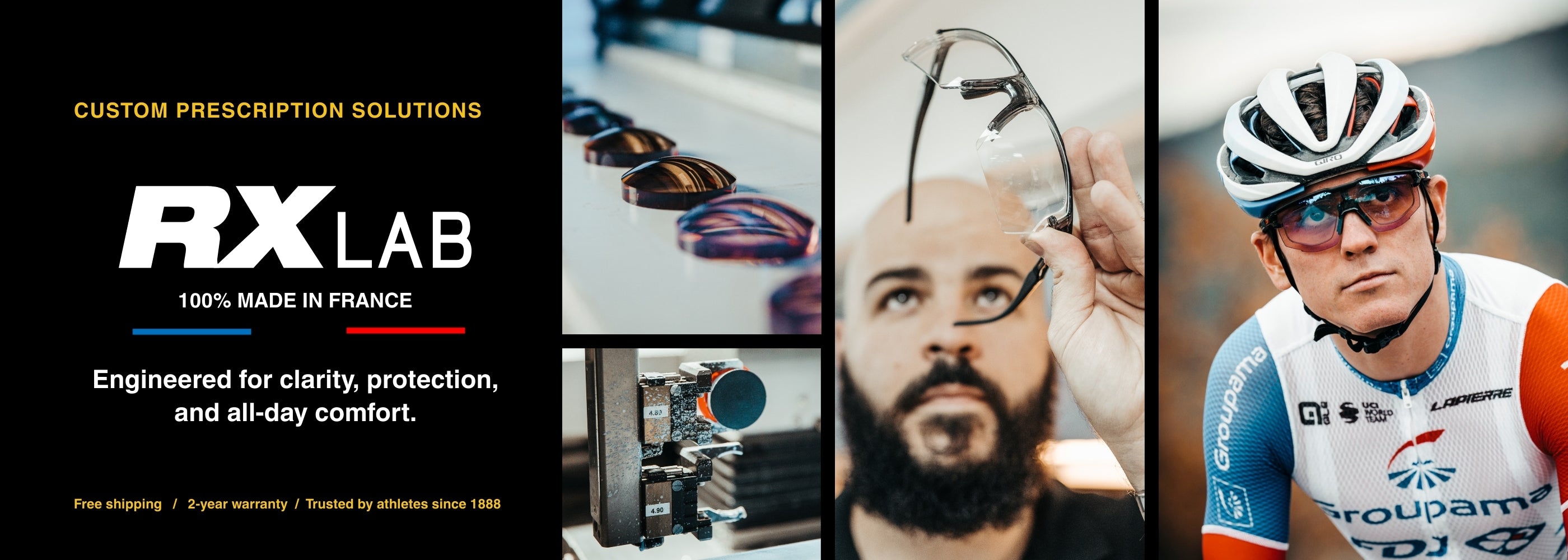 Collage showing custom prescription eyewear manufacturing, a man inspecting lenses, equipment, and a cyclist wearing sports glasses, promoting RX Labs optical solutions.