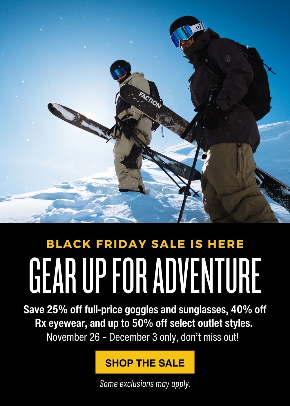 Image of two skiers standing on a hillside looking down the hill in Julbo goggles. There is a header that reads