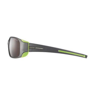 Side view of Julbo Eyewear Montebianco Sunglasses Parts: black and green frame, gray tinted lenses, and sleek temple arms. #color_montebianco-temple-arms-pair-matte-black-lime-green