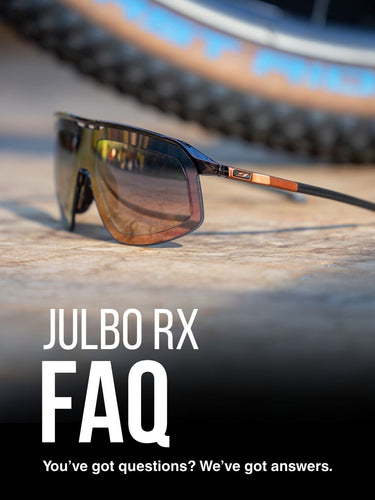A pair of Julbo RX sunglasses rests on a surface near a bicycle wheel; text below reads Julbo RX FAQ. You’ve got questions? We’ve got answers.