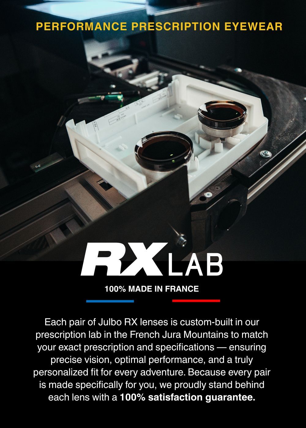 A prescription lens tray inside lab equipment under text promoting custom-built Julbo RX lenses, highlighting French manufacturing and a 100% satisfaction guarantee.