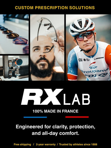 A collage featuring eyeglasses, a man inspecting lenses, a cyclist in sunglasses, and text promoting RX LAB custom prescription eyewear made in France.