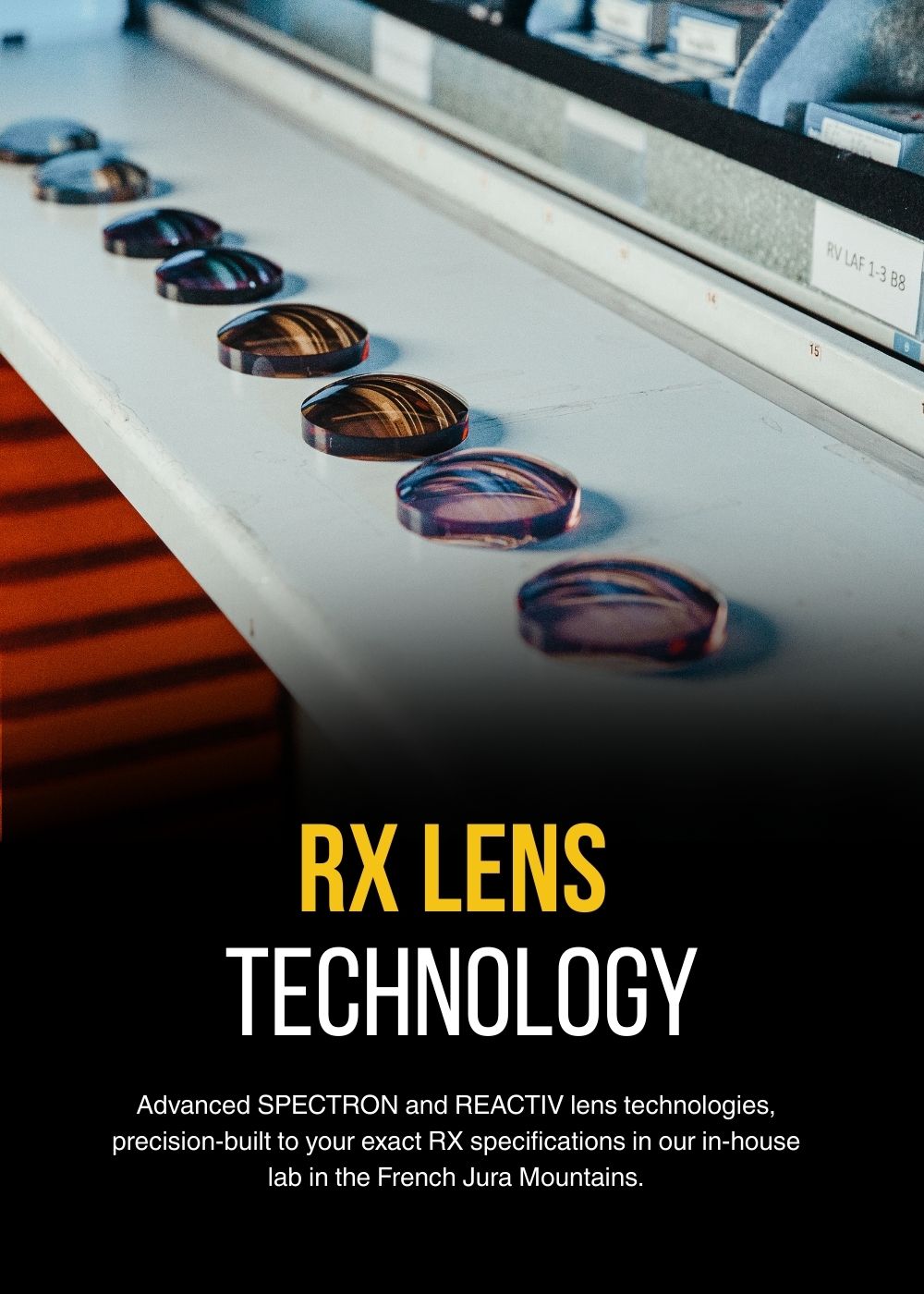 Several optical lenses are lined up on a work surface in a laboratory setting, with text promoting advanced RX lens technology.