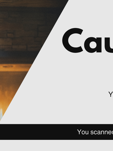 Man sitting by a fireplace, tilting sunglasses and looking at camera, with bold text reading Caught You Lookin and a message about scanning a random QR code.