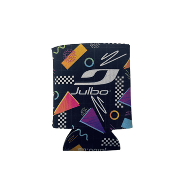 The Can Coolers by Julbo Eyewear feature a colorful geometric design and the white Julbo logo on the front, ideal for keeping drinks chilled. This stylish cooler is displayed against a plain white background. #color_julbo-can-cooler-1980-s