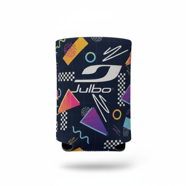 The Can Coolers by Julbo Eyewear feature a colorful geometric design and the white Julbo logo on the front, ideal for keeping drinks chilled. This stylish cooler is displayed against a plain white background. #color_julbo-can-cooler-1980's