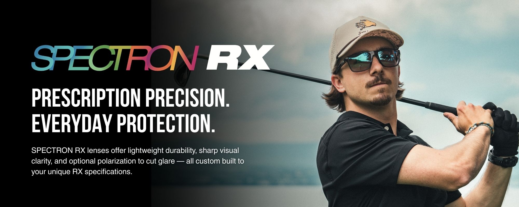 Man wearing sunglasses and a cap holds a golf club; text promotes SPECTRON RX prescription lenses featuring durability, visual clarity, and glare reduction.