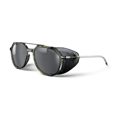 Sunglasses with black lenses and gold frames on a white background. #color_army-green-/-black-with-spectron-3-lens