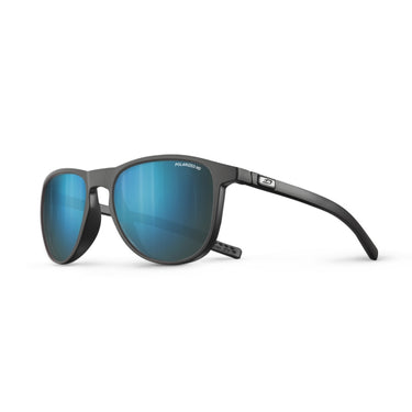 A pair of matte black Polaroid sunglasses with blue mirrored lenses, shown from a three-quarters angle on a white background. #color_black-with-spectron-3-polarized-hd-lens