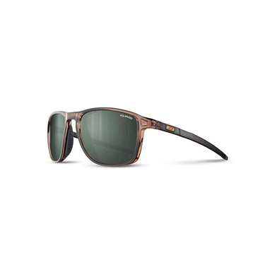 The Julbo Eyewear Compass sunglasses feature a brown rectangular frame, black arms, and dark green polarized lenses—shown angled right on a white background—ideal for an active lifestyle. #color_brown-/-dark-army-green-with-spectron-3-polarized-lens