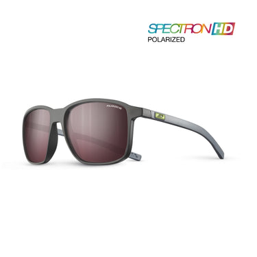 Spectron HD Polarized sunglasses with a matte dark gray frame and dark brown polarized lenses, shown on a white background with the Spectron HD logo in the top right corner. #color_black-/-gray-with-spectron 3-hd-polarized-lens