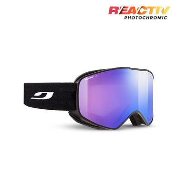 The Cyclon ski goggles by Julbo-usa feature a wide, purple photochromic lens for excellent vision and an adjustable, helmet-compatible strap with a white logo. "REACTIV PHOTOCHROMIC" appears in the top right corner. #color_black-with-reactiv-1-3-high-contrast-lens