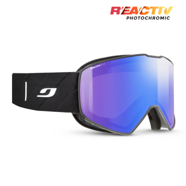 Julbo Eyewear Cyrius X black frameless ski goggles with a wide strap, purple-blue reflective REACTIV photochromic lens, and a white logo on the strap, shown on a white background. #color_black-with-reactiv-1-3-high-contrast-lens