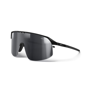 The Julbo Eyewear Density Black Series features black, frameless performance sunglasses with a single wraparound Black Spectron 3 lens and thin arms, displayed on a white background.
