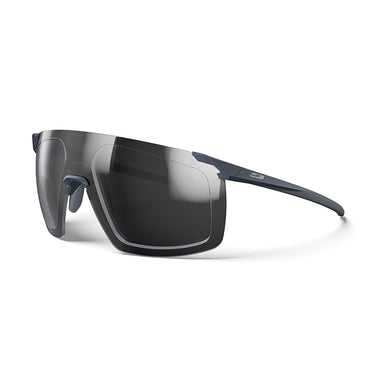 The Julbo Eyewear Faster RX are modern prescription sports sunglasses with large rectangular dark lenses and slim navy blue arms in an aerodynamic mono-lens frame, shown on a white background. #color_matte-dark-gray