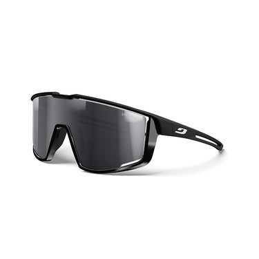 Julbo Eyewear’s Fury Black Series sports sunglasses feature large wraparound Black Spectron 3 lenses, a thin frame with a small white temple logo—perfect for high-performance use.