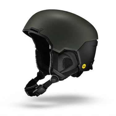 The Julbo Eyewear Hyperion - MIPS helmet, matte black, for ski or snowboard backcountry freeride, features ear protection, an adjustable chin strap, and a yellow MIPS safety label on the side—shown on a white background.