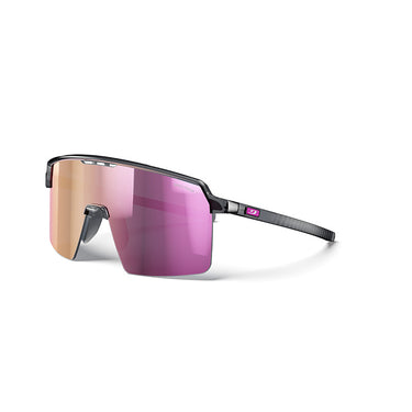 Julbo Eyewear’s Intensity Junior rimless sunglasses feature a black frame, wide pink-mirrored lenses, and slim black arms—ideal high-performance eyewear for kids’ sports—shown on a white background. #color_translucent_gray_with_spectron_3_lens