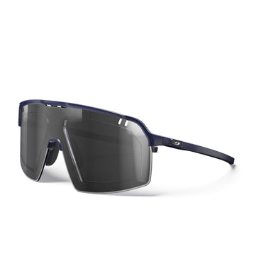 Black sunglasses with a reflective lens on a white background. #color_dark-blue