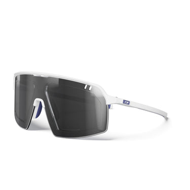 Sunglasses with white frame and dark lenses on a white background. #color_white-/-blue