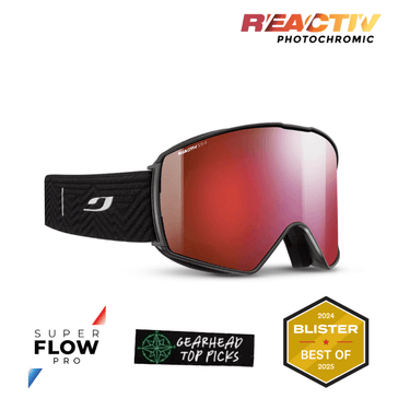 The Julbo Eyewear Launcher snow goggles feature a matte black cylindrical frame, red photochromic lens, SuperFlow Pro anti-fog technology, adjustable strap, and four award badges for product recognition. #color_black-with-reactiv-0-4-high-contrast-lens