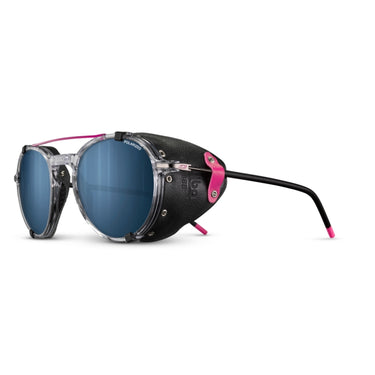 A pair of steampunk-style aviator sunglasses featuring round blue mirrored lenses, a black textured metal frame with silver screws, a clear plastic front, and bright pink accents on the hinges and temple tips. #color_translucent-crystal-rose-with-spectron-3-polarized-lens