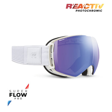 White ski goggles with a purple-to-blue mirrored lens, featuring the REACTIV Photochromic branding and Super Flow Pro technology on a white background. #color_white-with-reactiv-1-3-high-contrast-lens
