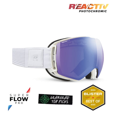 White ski goggles with a purple-to-blue mirrored lens, featuring the REACTIV Photochromic branding and Super Flow Pro technology on a white background. #color_white-with-reactiv-1-3-high-contrast-lens